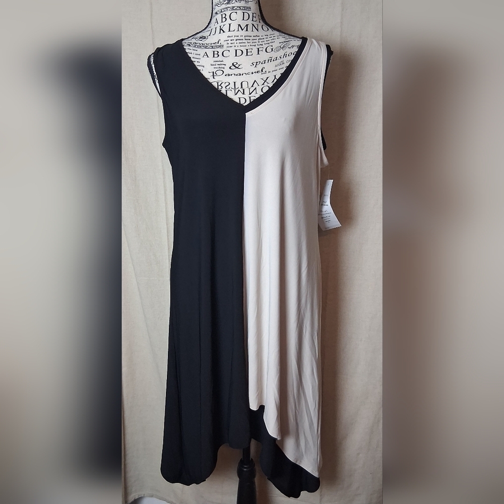 MSK Black and Tan Color Block Asymmetric Tank Tunic Dress Medium NWT - Picture 1 of 5